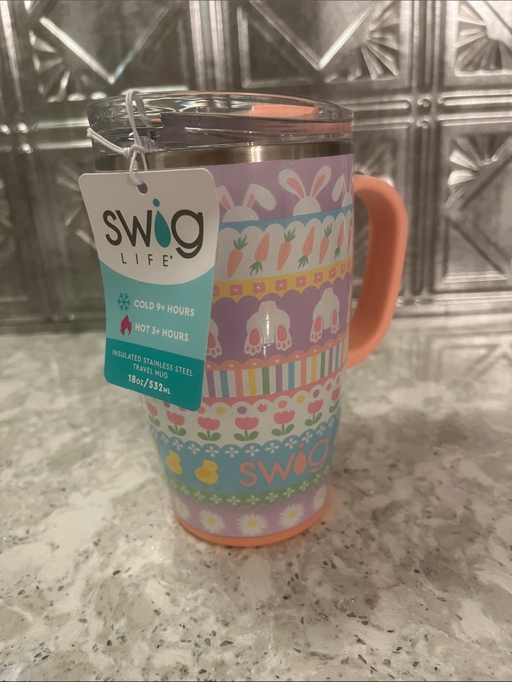 Swig Life Pastel Easter Pattern Insulated Travel Mug - Peach Handle